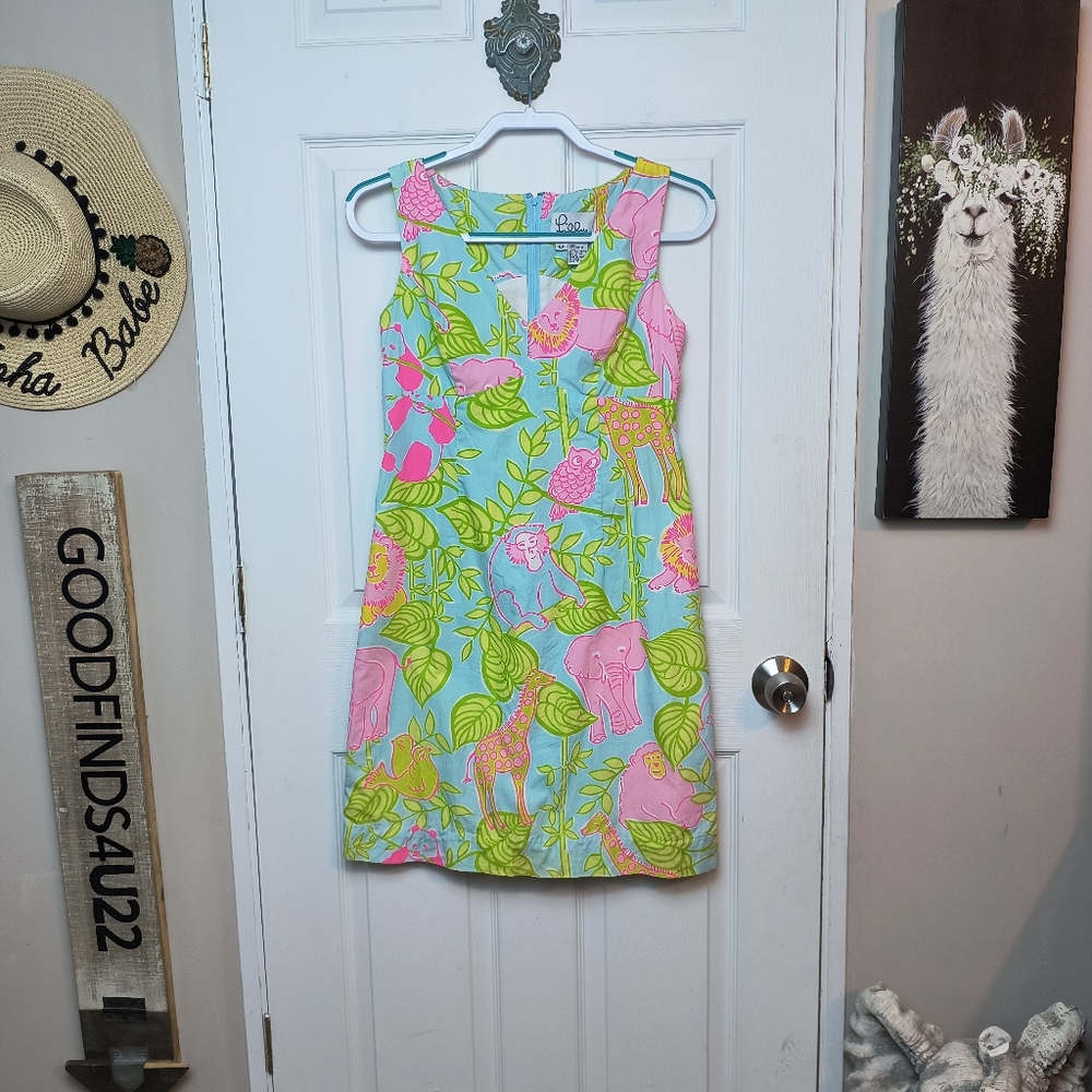 Lilly Pulitzer Womens Sz 6P Elephant Monkey Owl Tiger Zoo Sleeveless Shift Dress